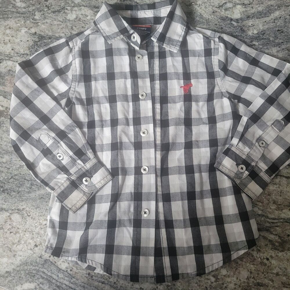 Wrangler Black White Plaid Button Down Shirt Boy's 2T Long Sleeve Red Horse